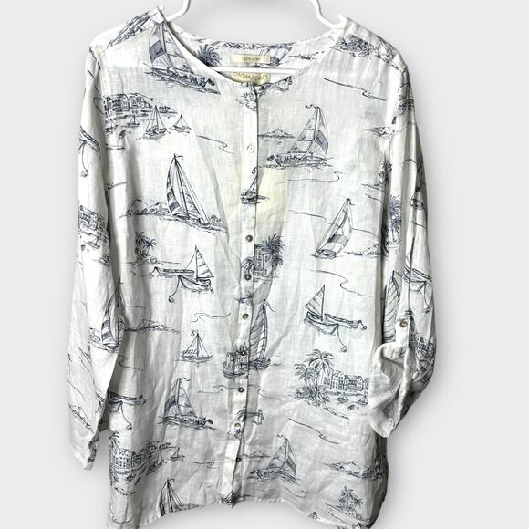 Cynthia Rowley Linen White Tunic Sailboats Coastal Granny Cottagecor Plus 1X NWT - Picture 1 of 11